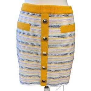 Milly Striped Yellow Tweed Pull-on Elastic Waist Mini Skirt Button Accents L NWT